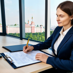**

A professional financial advisor, fully clothed in a modest, tailored business suit, sitting at a clean desk in a modern office overlooking Moscow's skyline. The advisor is reviewing documents with a calm and confident expression. Safe for work, appropriate content, professional, family-friendly, perfect anatomy, correct proportions, natural pose, well-formed hands, proper finger count, natural body proportions, high quality.

**