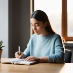 AFP 시험 공부를 위한 시간 관리 방법 - A young professional, early 20s, with a serene and focused expression, sits at a brightly lit, minim...