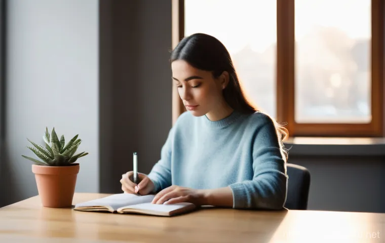 AFP 시험 공부를 위한 시간 관리 방법 - A young professional, early 20s, with a serene and focused expression, sits at a brightly lit, minim...