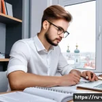 AFP 자격증 취득 시 알아야 할 팁 - A focused young Russian adult studying at a modern home office desk, surrounded by official AFP text...