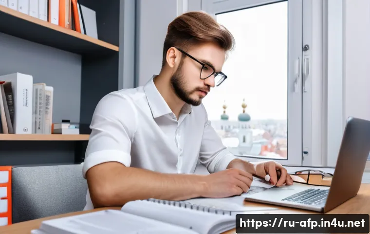 AFP 자격증 취득 시 알아야 할 팁 - A focused young Russian adult studying at a modern home office desk, surrounded by official AFP text...