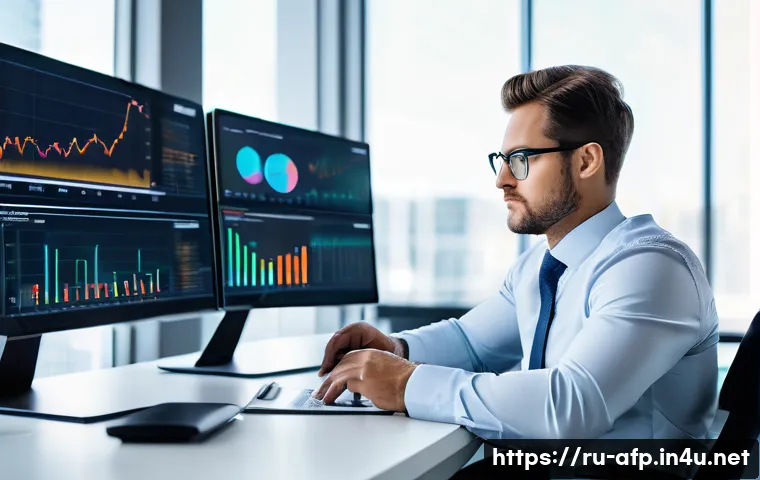 자산관리사의 업무 도구와 활용법 - A modern financial advisor at a sleek office desk, analyzing investment portfolios on multiple high-...
