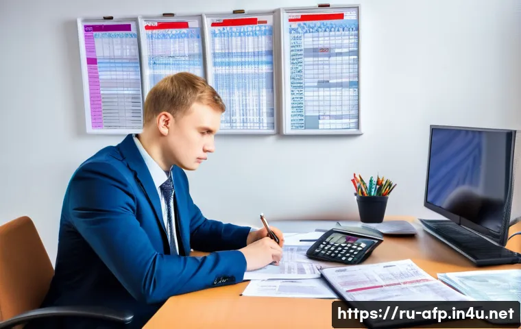 AFP 시험에서 자주 출제되는 문제 유형 - A detailed and professional office scene showing a young Russian financial analyst working at a mode...