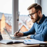 Home 19 AFP 시험을 준비하면서 실무에 적용하기 - A professional Russian man in his 30s sitting at a modern wooden desk in a cozy home office, analyzi...