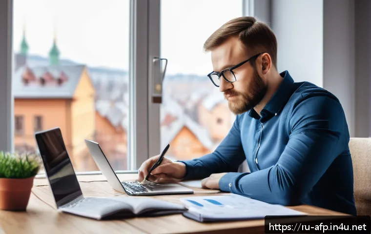 AFP 시험을 준비하면서 실무에 적용하기 - A professional Russian man in his 30s sitting at a modern wooden desk in a cozy home office, analyzi...