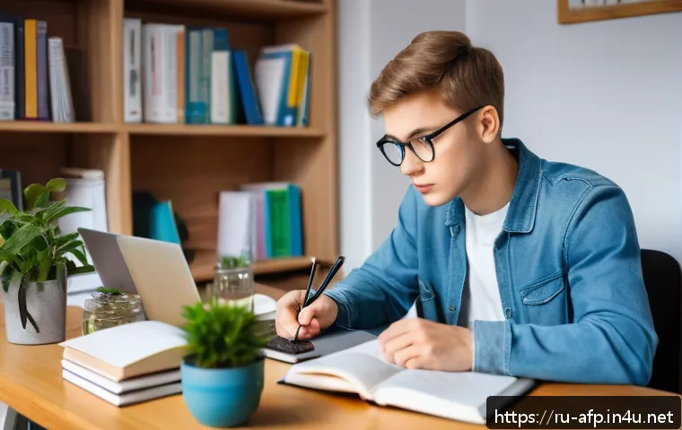 AFP 자격증 시험 후기와 조언 - A focused young Russian student sitting at a neat desk in a cozy, well-lit apartment, surrounded by ...